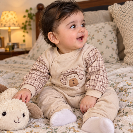 Baby Cream Bear Romper with Checked Sleeves