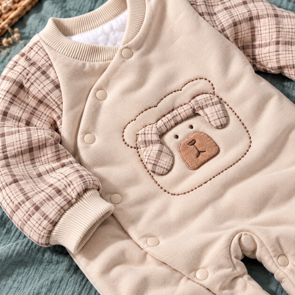 Baby Cream Bear Romper with Checked Sleeves
