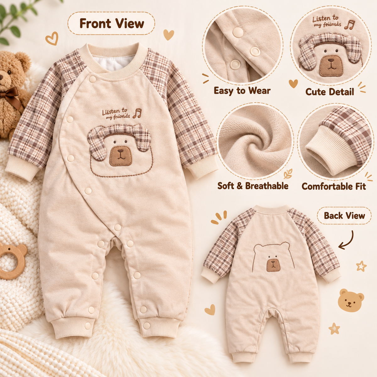 Baby Cream Bear Romper with Checked Sleeves