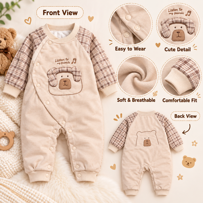 Baby Cream Bear Romper with Checked Sleeves