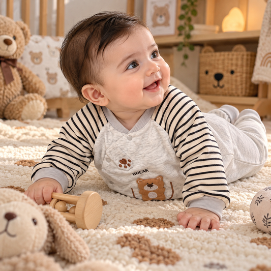 Baby Grey Teddy Bear Romper with Striped Sleeves