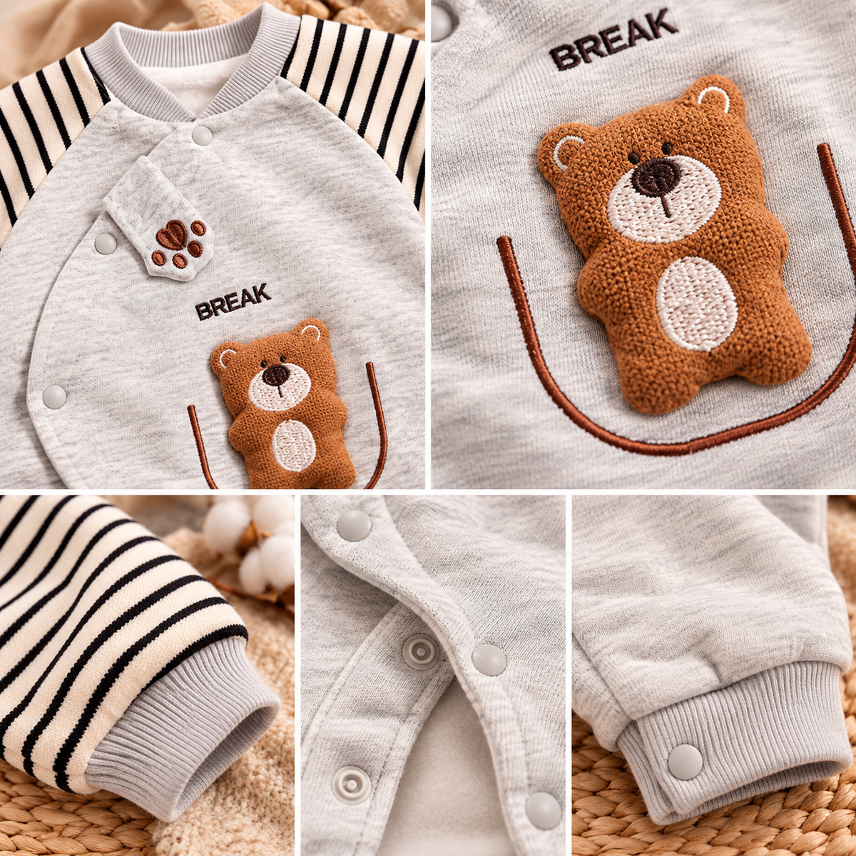 Baby Grey Teddy Bear Romper with Striped Sleeves