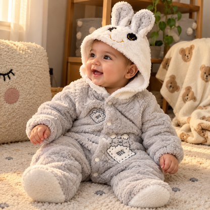 Baby Grey Plush Bunny Hooded Romper