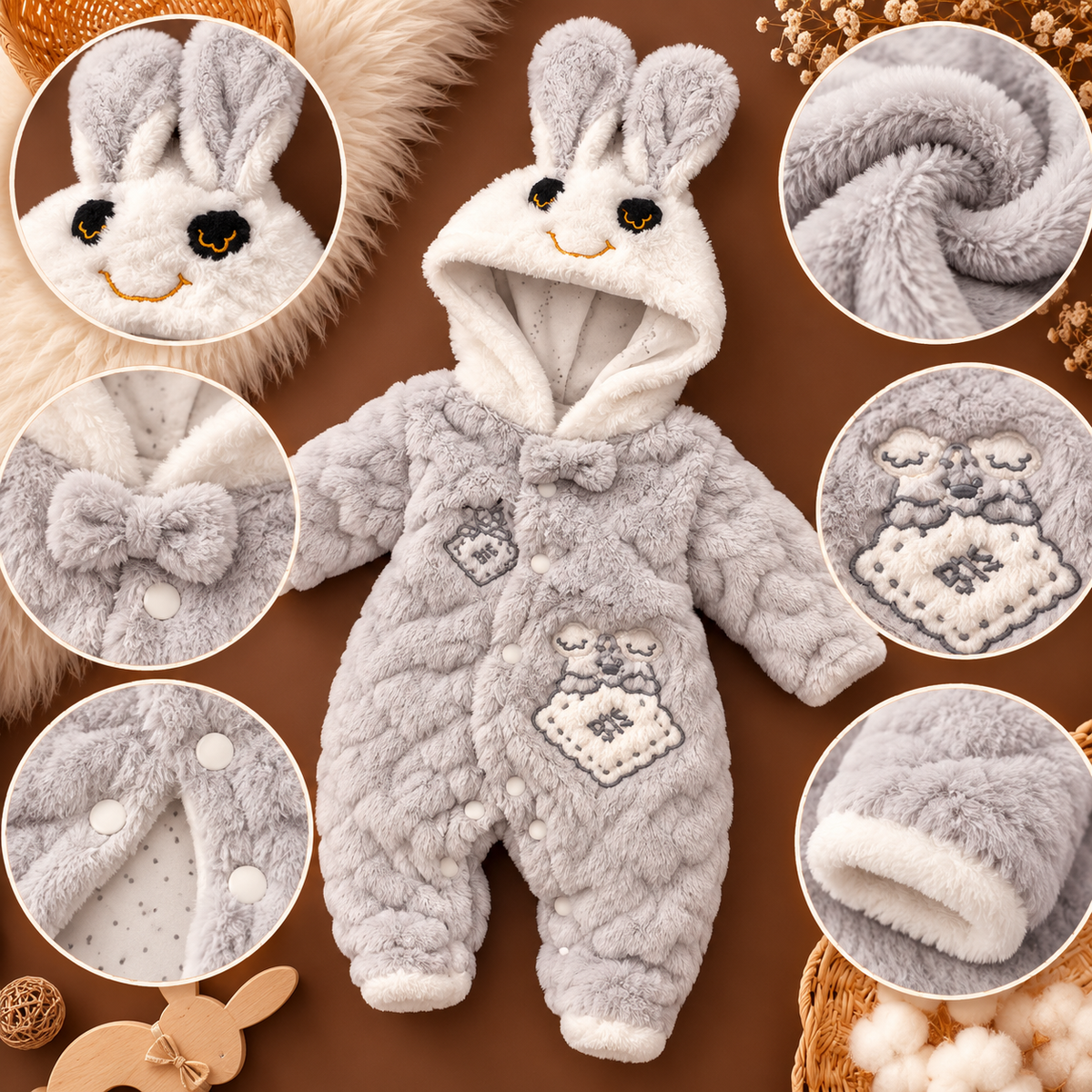 Baby Grey Plush Bunny Hooded Romper