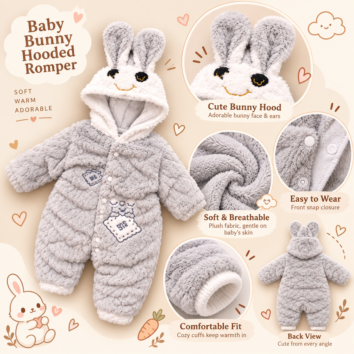 Baby Grey Plush Bunny Hooded Romper