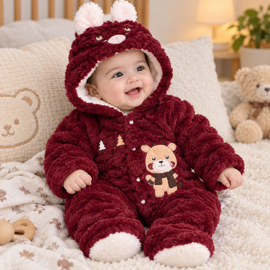 Baby Burgundy Plush Animal Hooded Romper