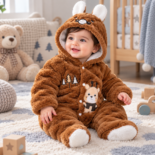 Baby Caramel Brown Plush Animal Hooded Romper