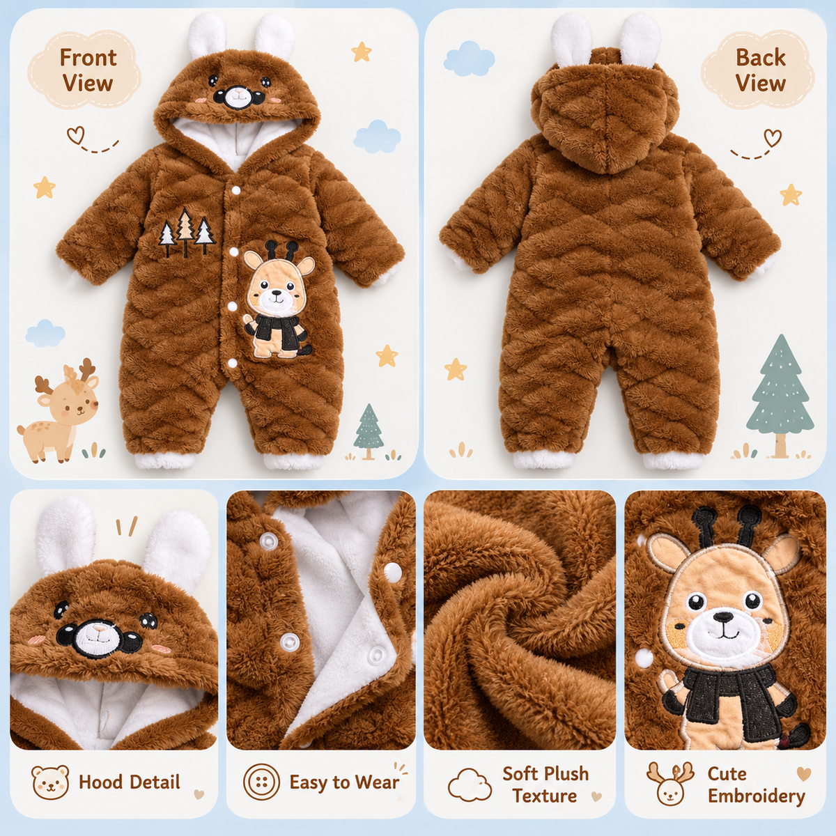Baby Caramel Brown Plush Animal Hooded Romper