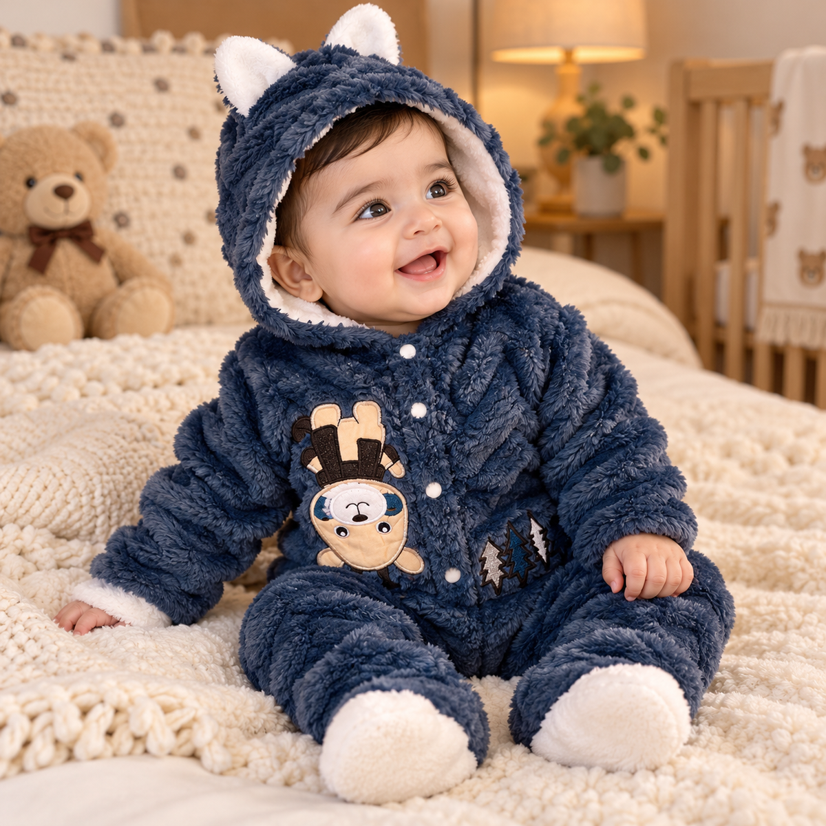 Baby Navy Blue Plush Animal Hooded Romper