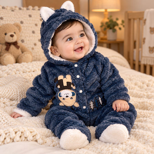 Baby Navy Blue Plush Animal Hooded Romper