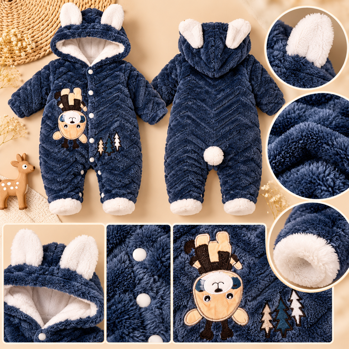 Baby Navy Blue Plush Animal Hooded Romper