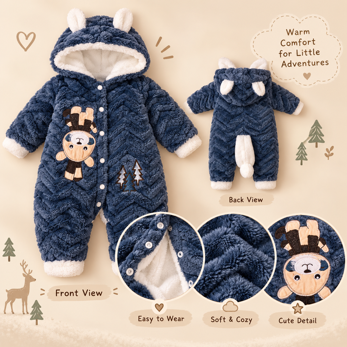 Baby Navy Blue Plush Animal Hooded Romper