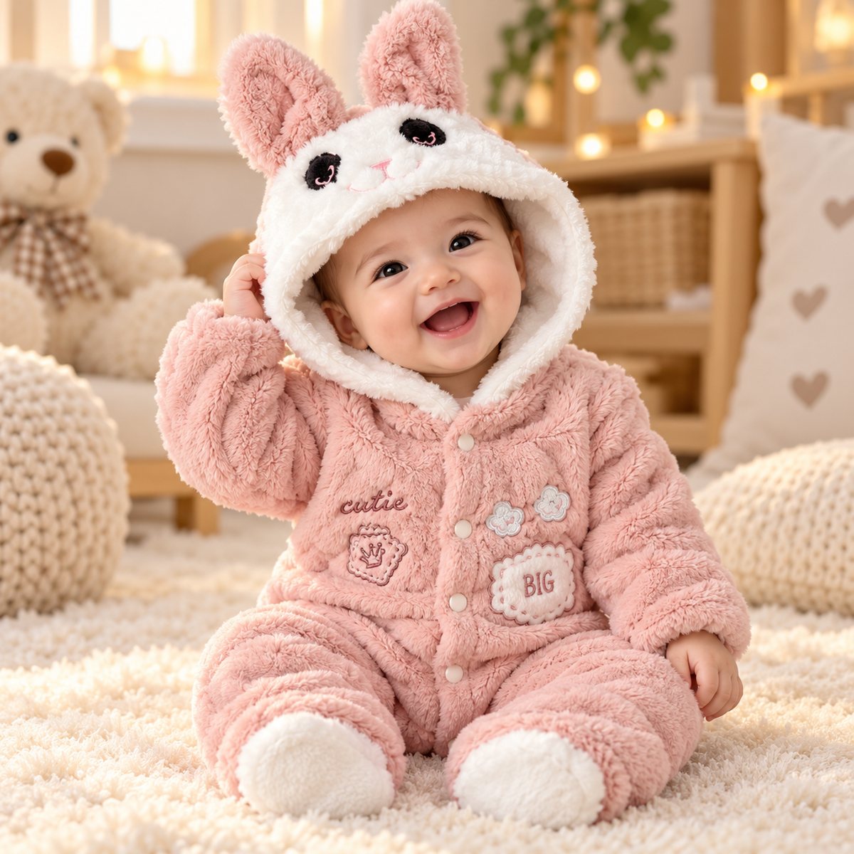 Baby Dusty Pink Plush Bunny Hooded Romper