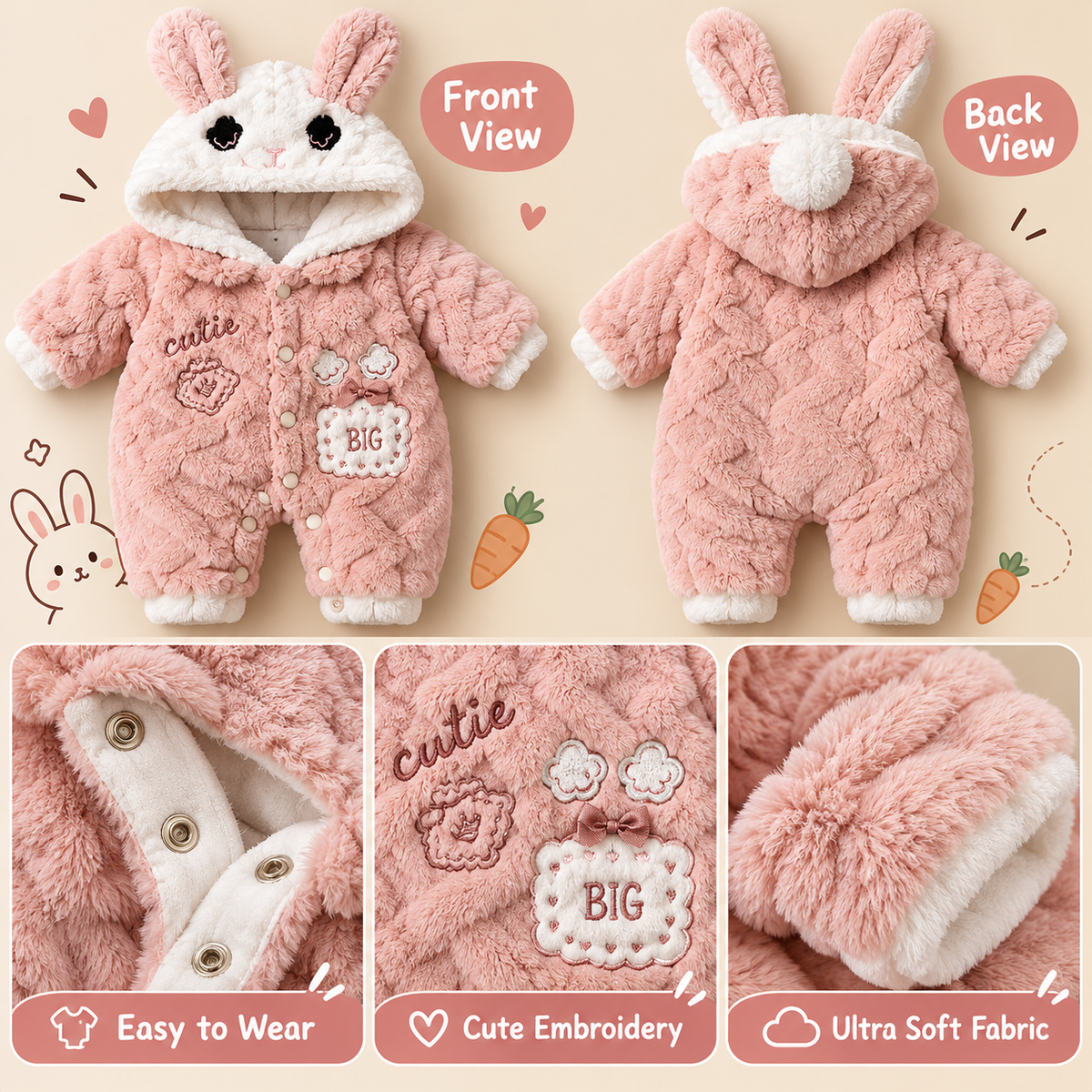 Baby Dusty Pink Plush Bunny Hooded Romper