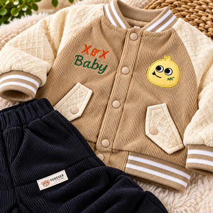 Kids Beige Character Varsity Jacket & Navy Jogger Outfit