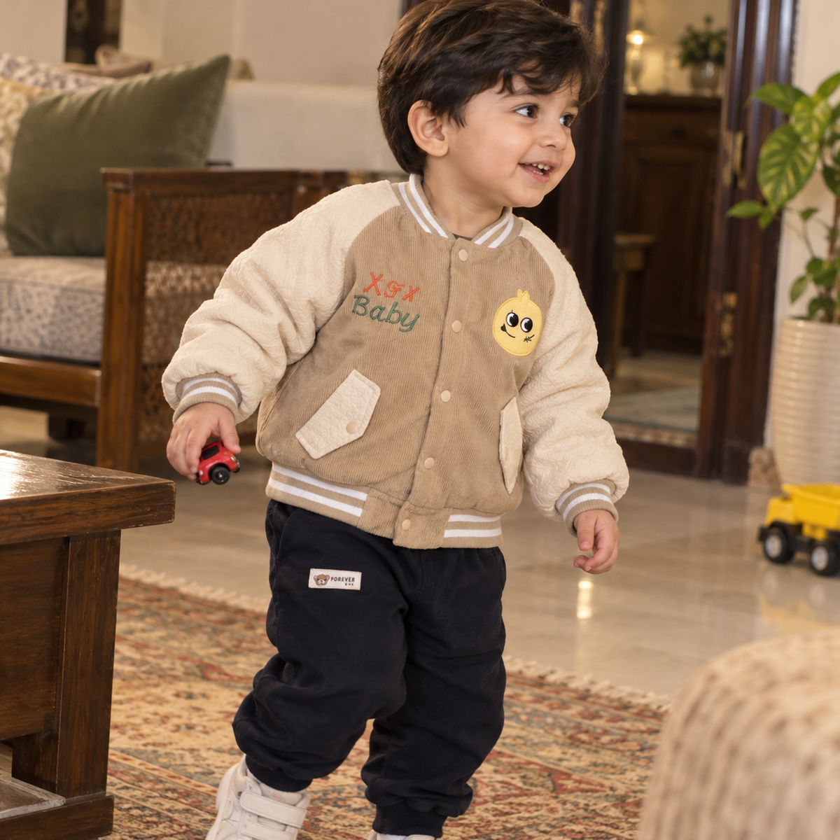 Kids Beige Character Varsity Jacket & Navy Jogger Outfit
