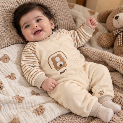 Baby Cream Bear Romper with Brown Striped Sleeves