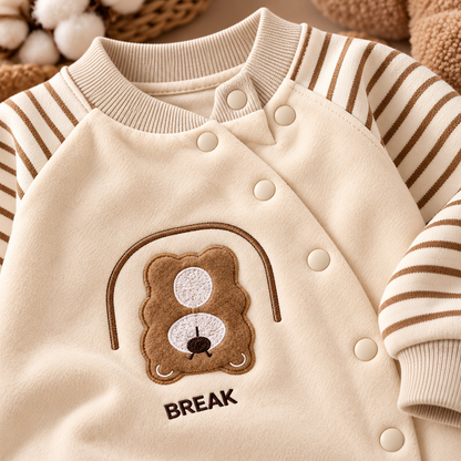 Baby Cream Bear Romper with Brown Striped Sleeves