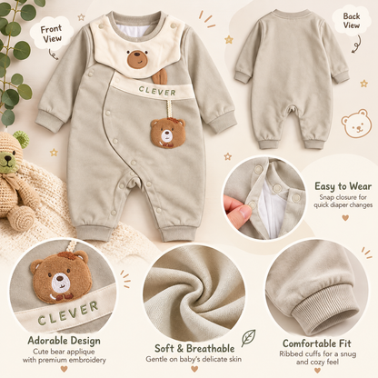 Baby Greige Clever Bear Snap Romper