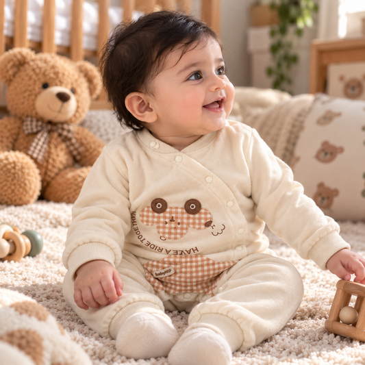 Baby Cream Romper with Gingham Character Appliqué