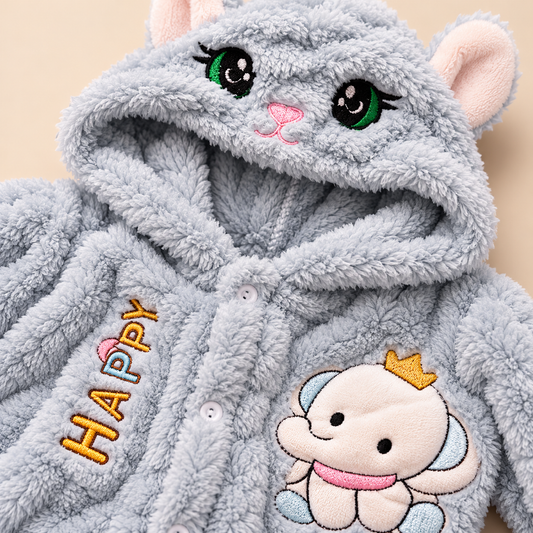 Baby Light Grey Plush Cat Hooded Romper