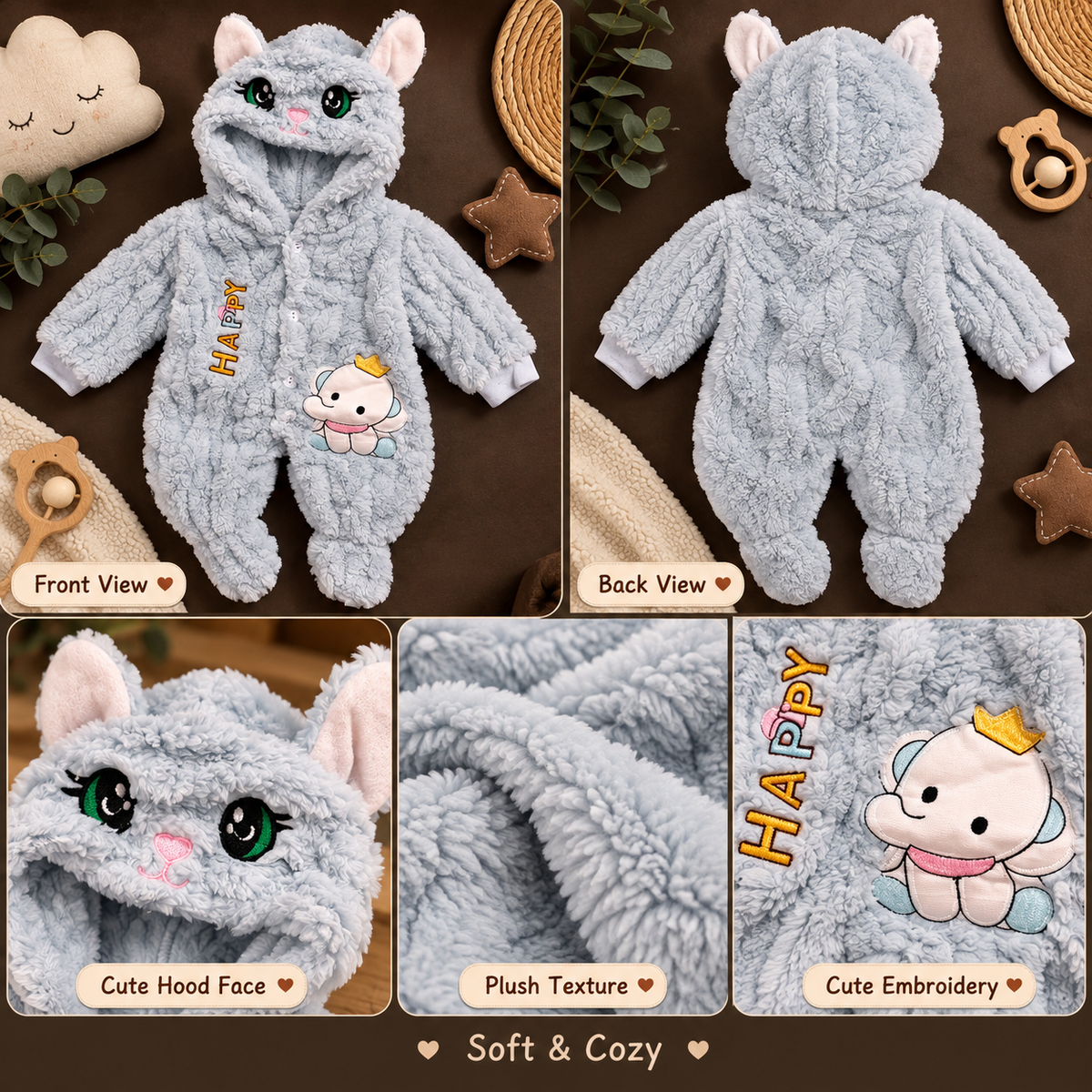 Baby Light Grey Plush Cat Hooded Romper