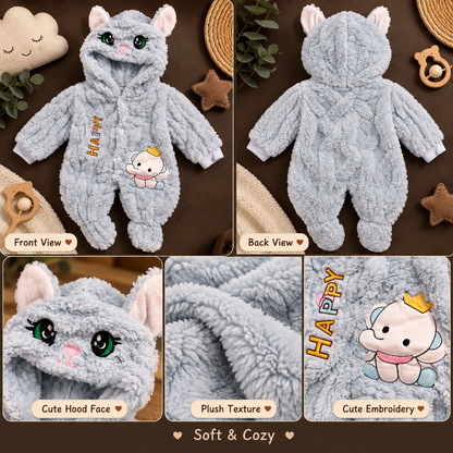 Baby Light Grey Plush Cat Hooded Romper