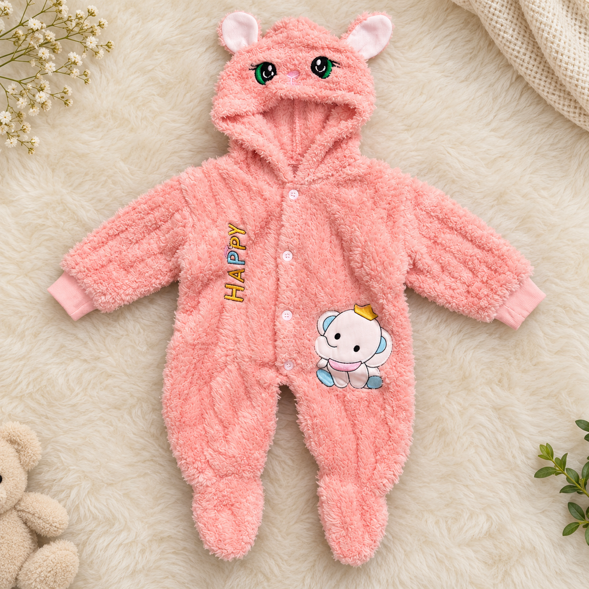 Baby Pink Plush Cat Hooded Romper