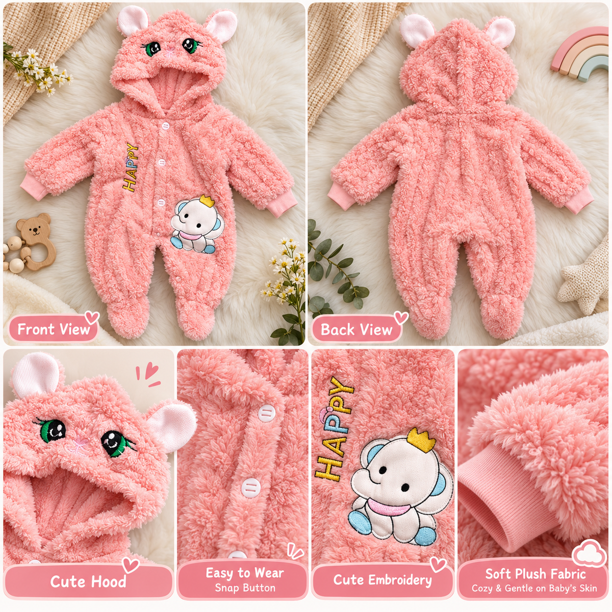 Baby Pink Plush Cat Hooded Romper