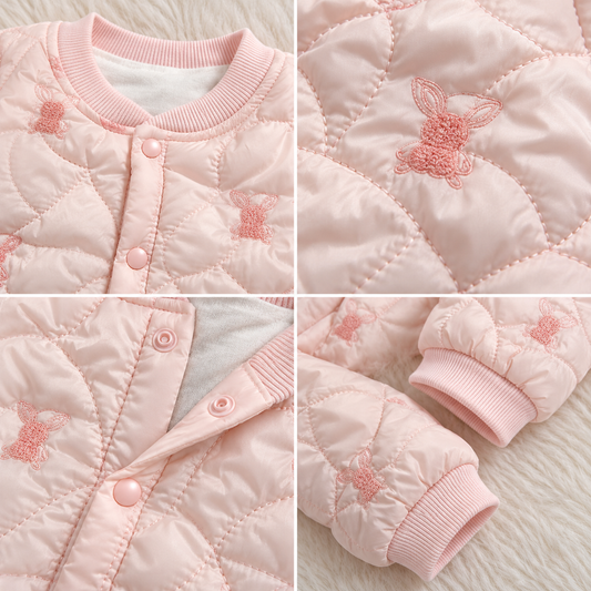Baby Light Pink Quilted Bunny Embroidered Romper