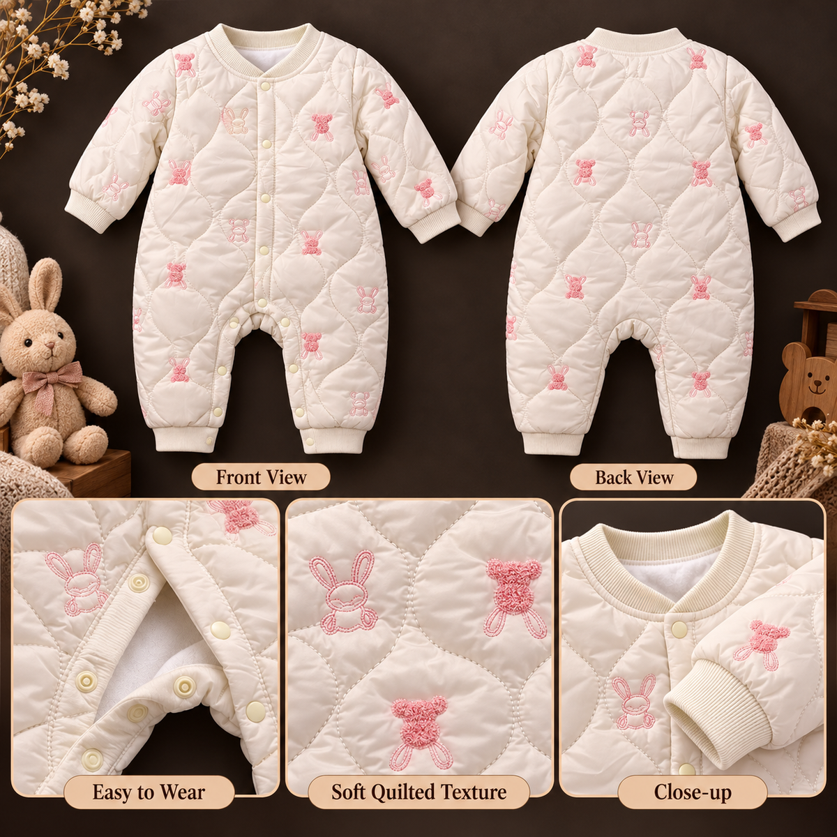 Baby Off-White Quilted Bunny & Bear Embroidered Romper