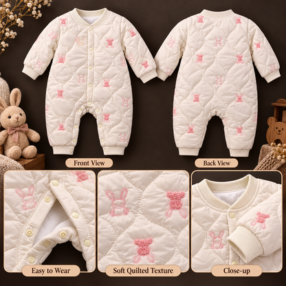 Baby Off-White Quilted Bunny & Bear Embroidered Romper