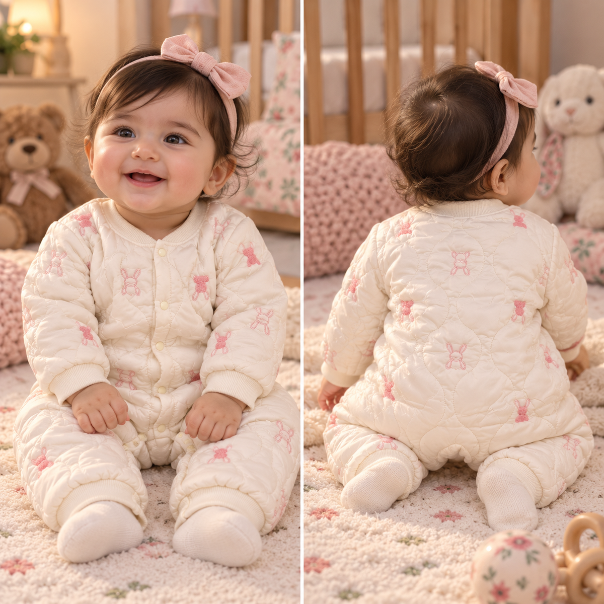 Baby Off-White Quilted Bunny & Bear Embroidered Romper