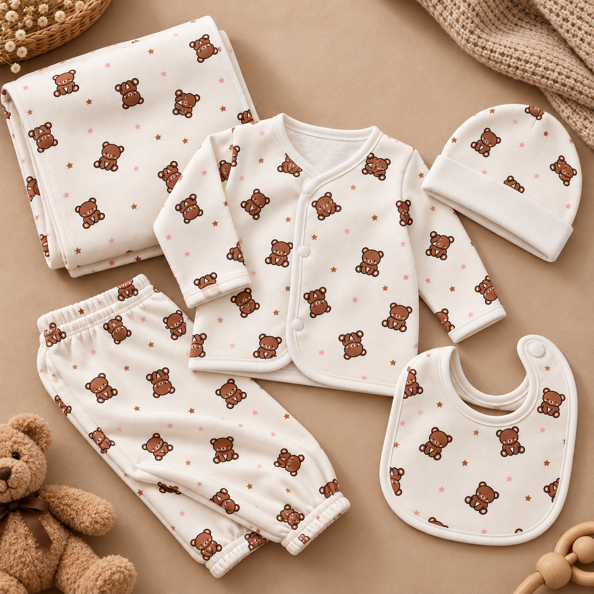 Baby Ivory Teddy Bear & Star Print Starter Set