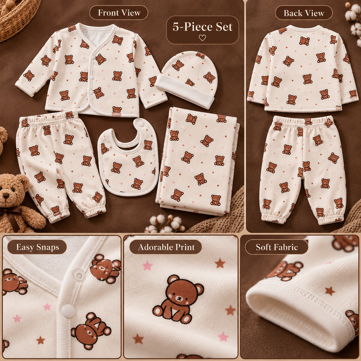 Baby Ivory Teddy Bear & Star Print Starter Set