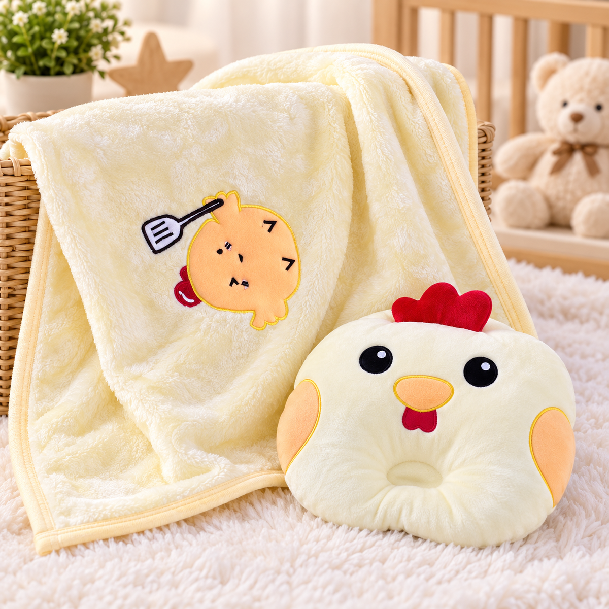 Cream Chicken Baby Blanket & Matching Pillow