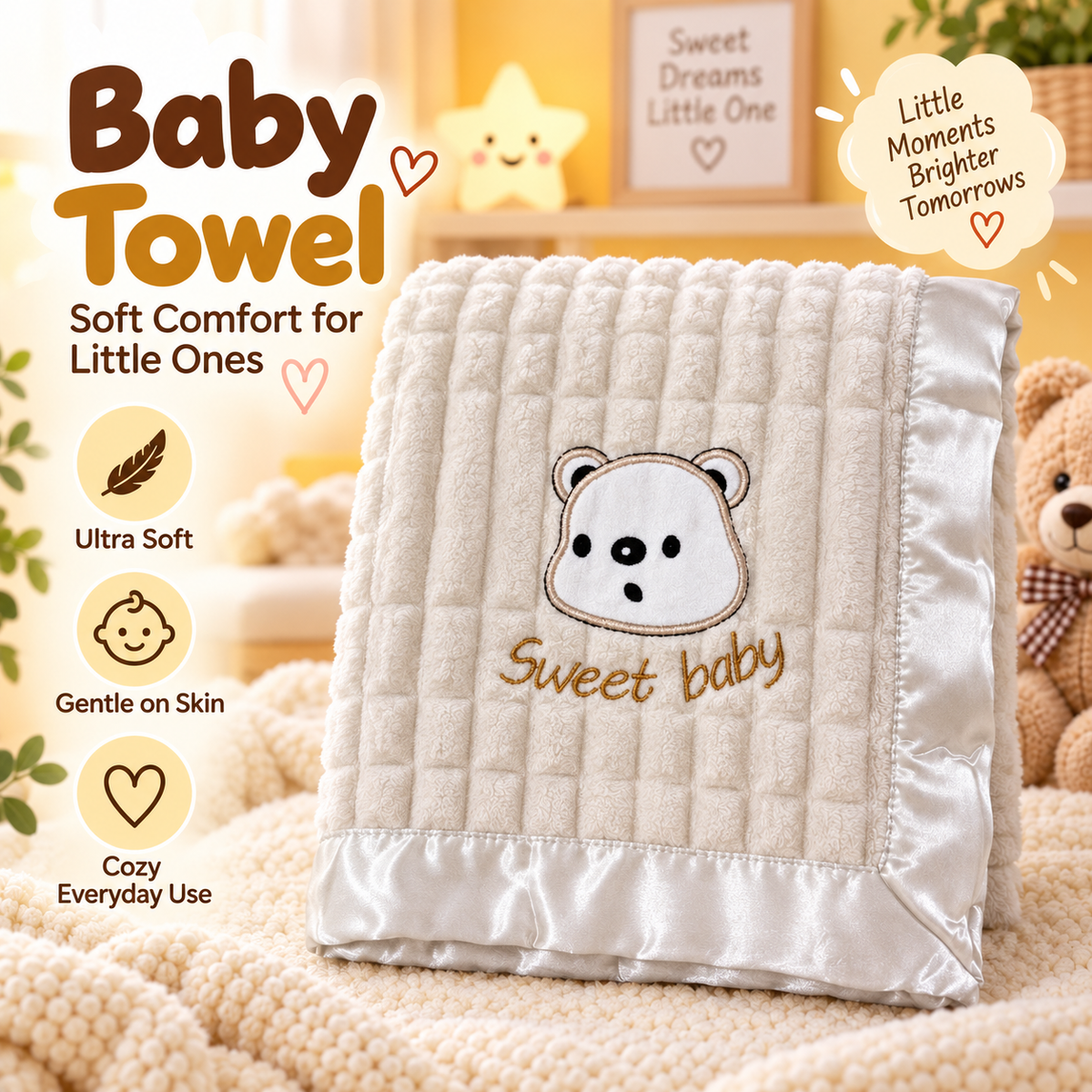 Soft Bear Baby Towel in White & Silver