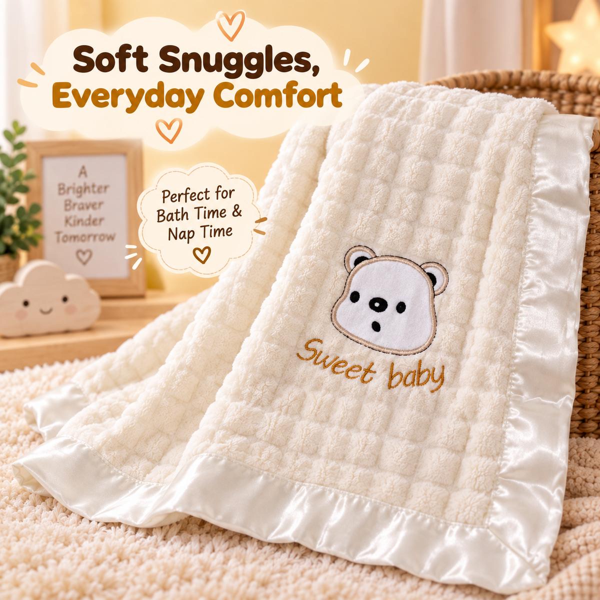 Soft Bear Baby Towel in White & Silver