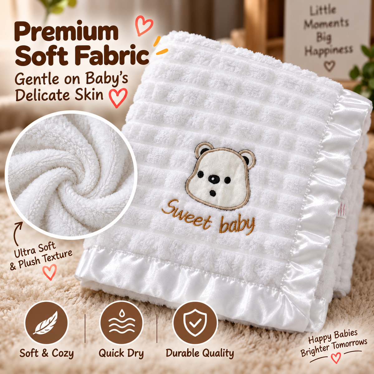 Soft Bear Baby Towel in White & Silver