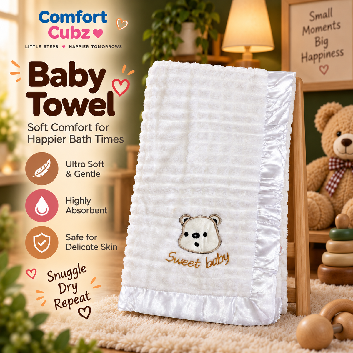 Soft Bear Baby Towel in White & Silver