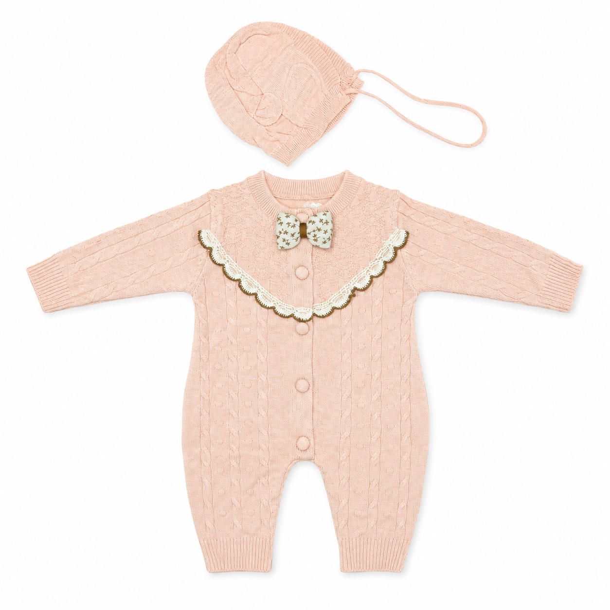 Ivory Cable Knit Bow Tie Baby Romper Set with Bonnet