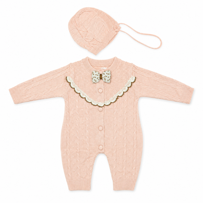 Ivory Cable Knit Bow Tie Baby Romper Set with Bonnet