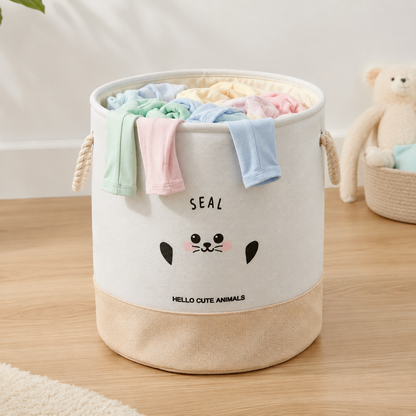 Seal Print Fabric Nursery Storage Basket with Rope Handles