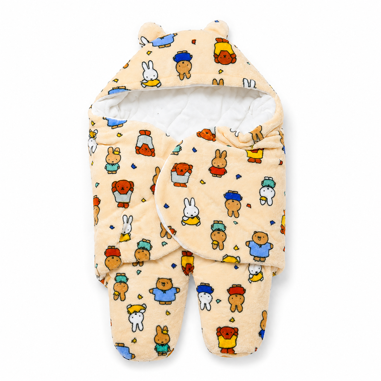 Plush Hooded Baby Swaddle Wrap with Bear Ear Hood & Leg Sections
