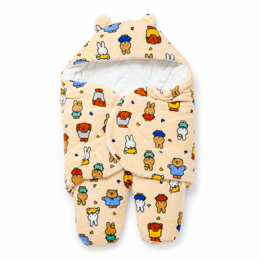 Plush Hooded Baby Swaddle Wrap with Bear Ear Hood & Leg Sections