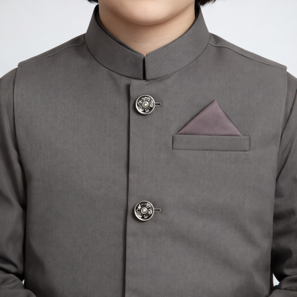 Boys Mushroom Grey Kurta Shalwar with Plain Waistcoat - Premium 3-Piece Set