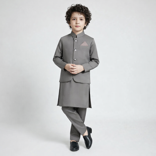 Boys Mushroom Grey Kurta Shalwar with Plain Waistcoat - Premium 3-Piece Set