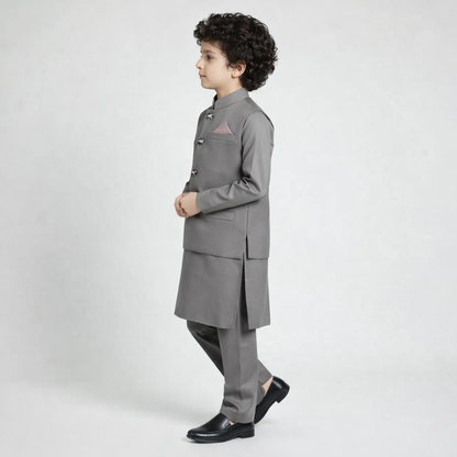 Boys Mushroom Grey Kurta Shalwar with Plain Waistcoat - Premium 3-Piece Set