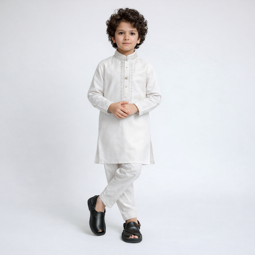 Eid Bundle - Boys White Kurta Shalwar with Peshawari Sandal