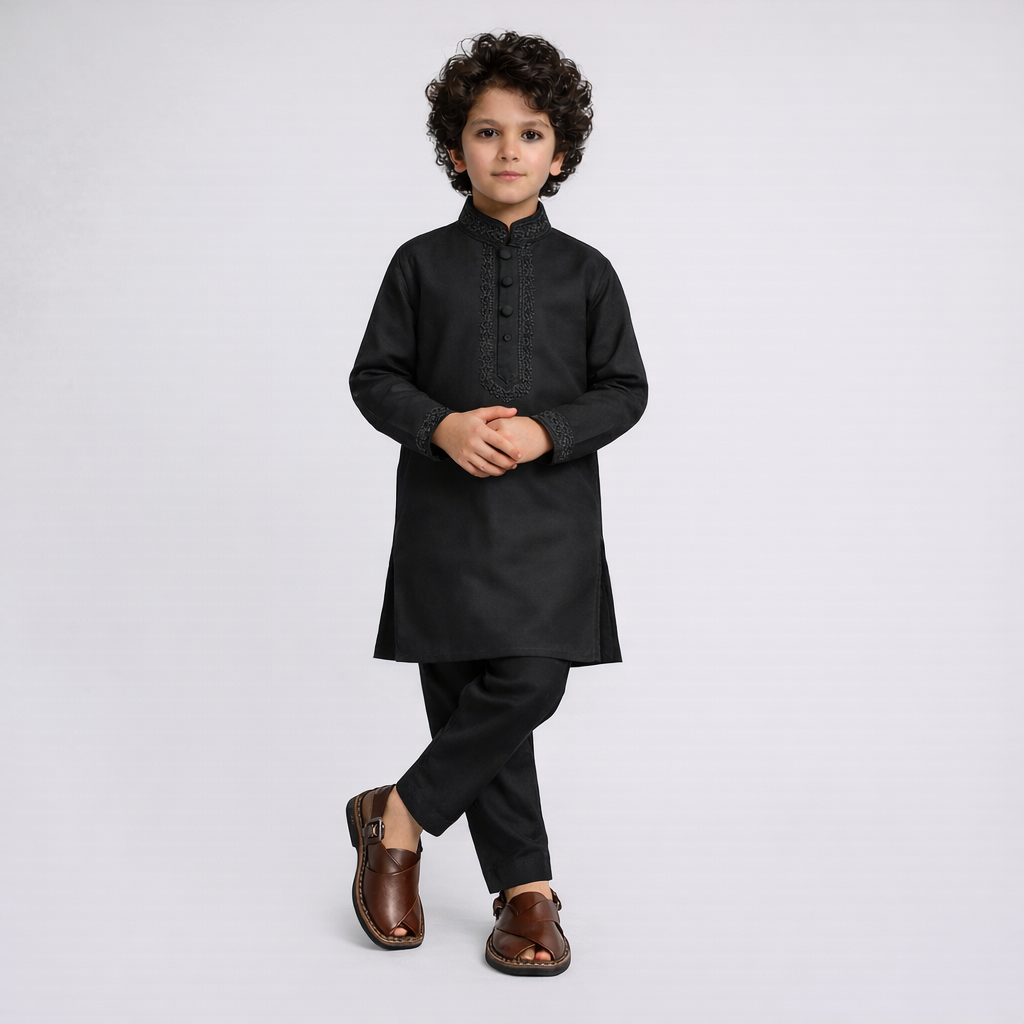 Eid Bundle - Boys Black Kurta Shalwar with Peshawari Sandal